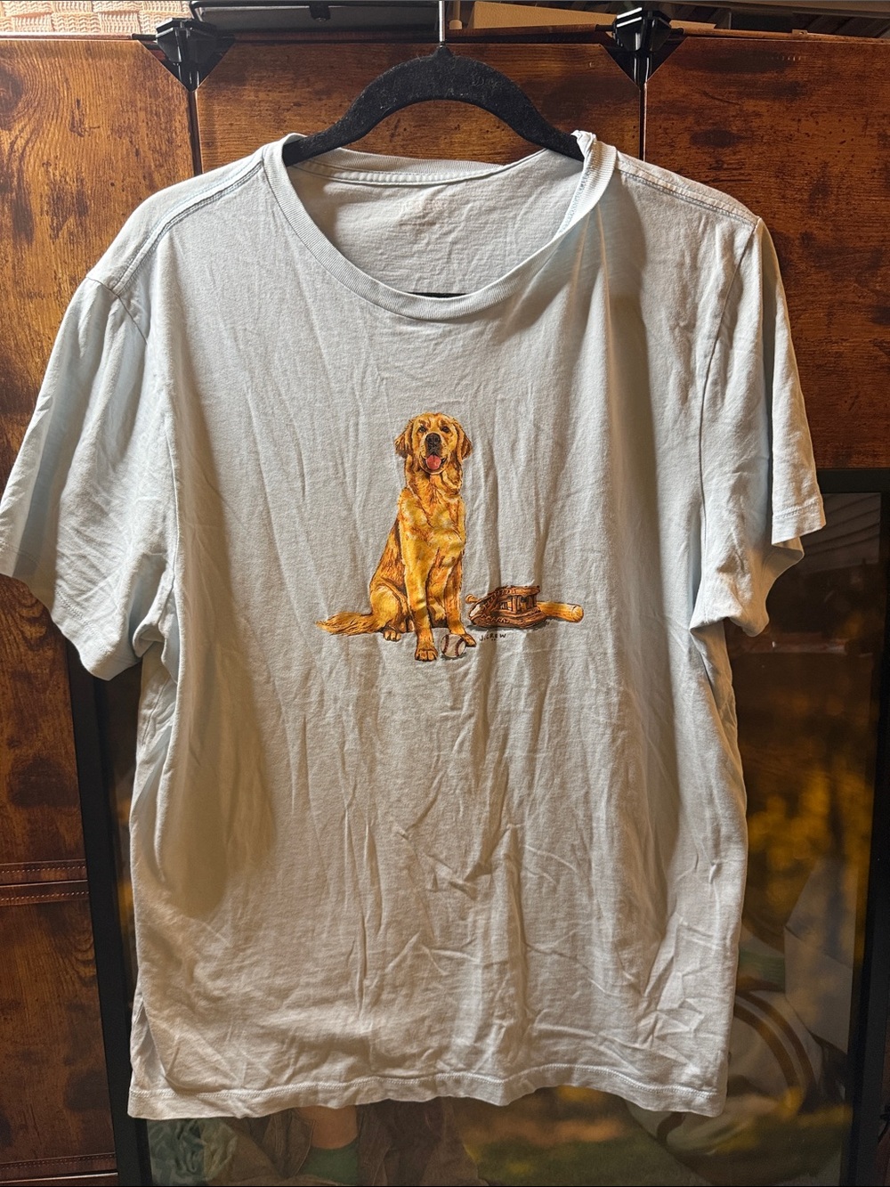 J. Crew soft Light Blue Tee with Golden Retriever baseball Graphic